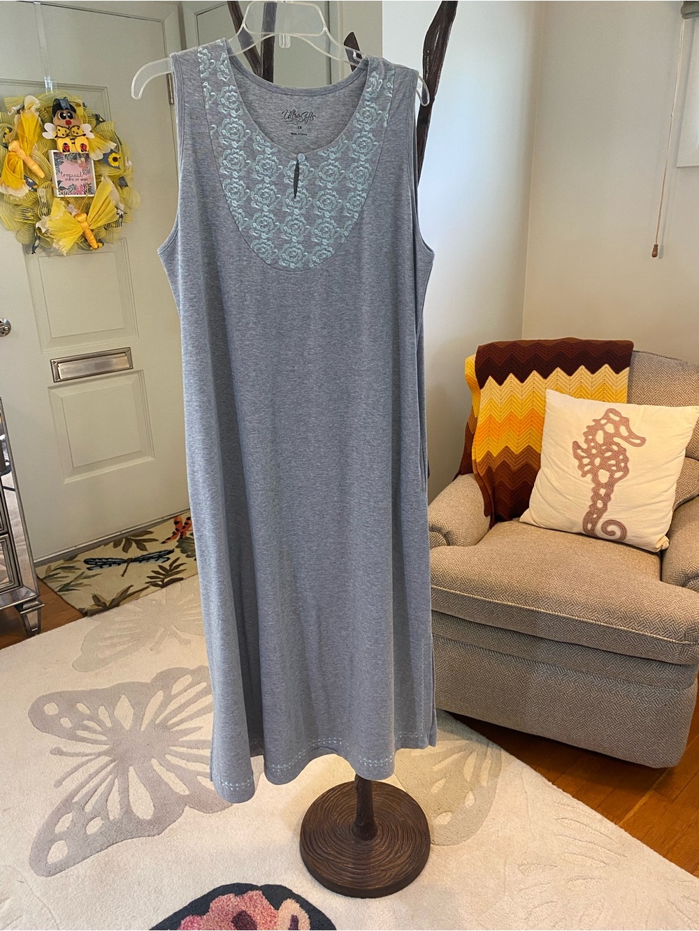 Sleeveless Gray Maxi Lounge Dress with Sage roses 1X